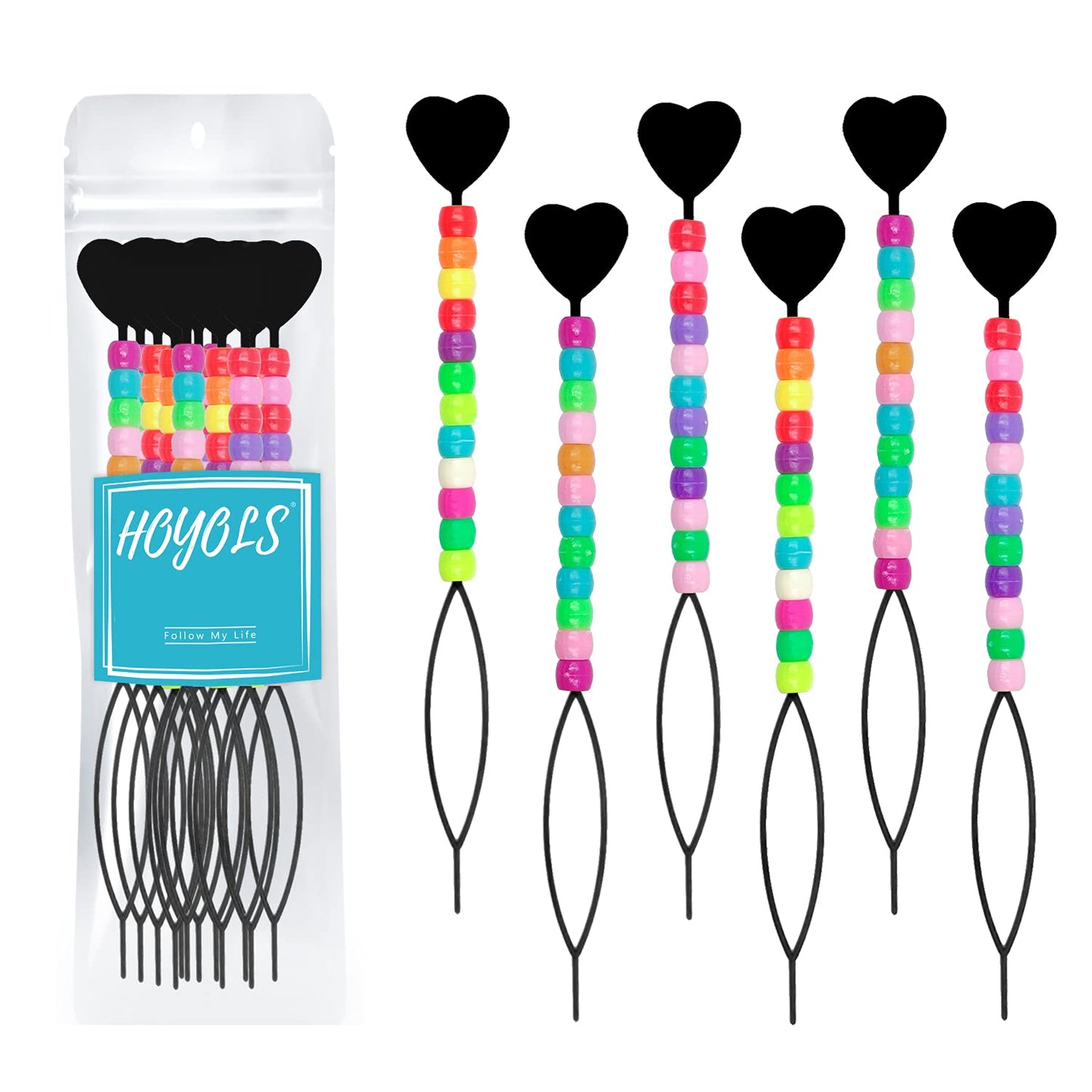 Hoyols Quick Hair Beading Tools with Colorful Pony Beads Magic Topsy Hair Tail Beader for Loading Beads Braid Stringer Ponytail Maker Styling for Kids Girls 6pcs Black